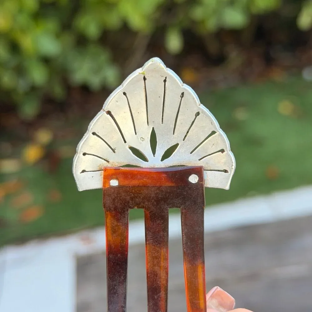 1920s Art Deco Celluloid Silver Rhinestone Hair Clip Comb Vintage Tortoise shell - Picture 6 of 6